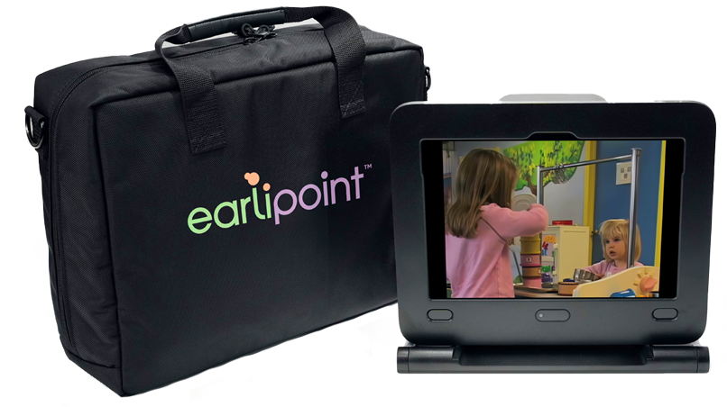 Black zippered bag with "earlipoint" screenprinted on it, next to the bag is a piece of earlipoint equipment, which plays videos to track children's eye movements.